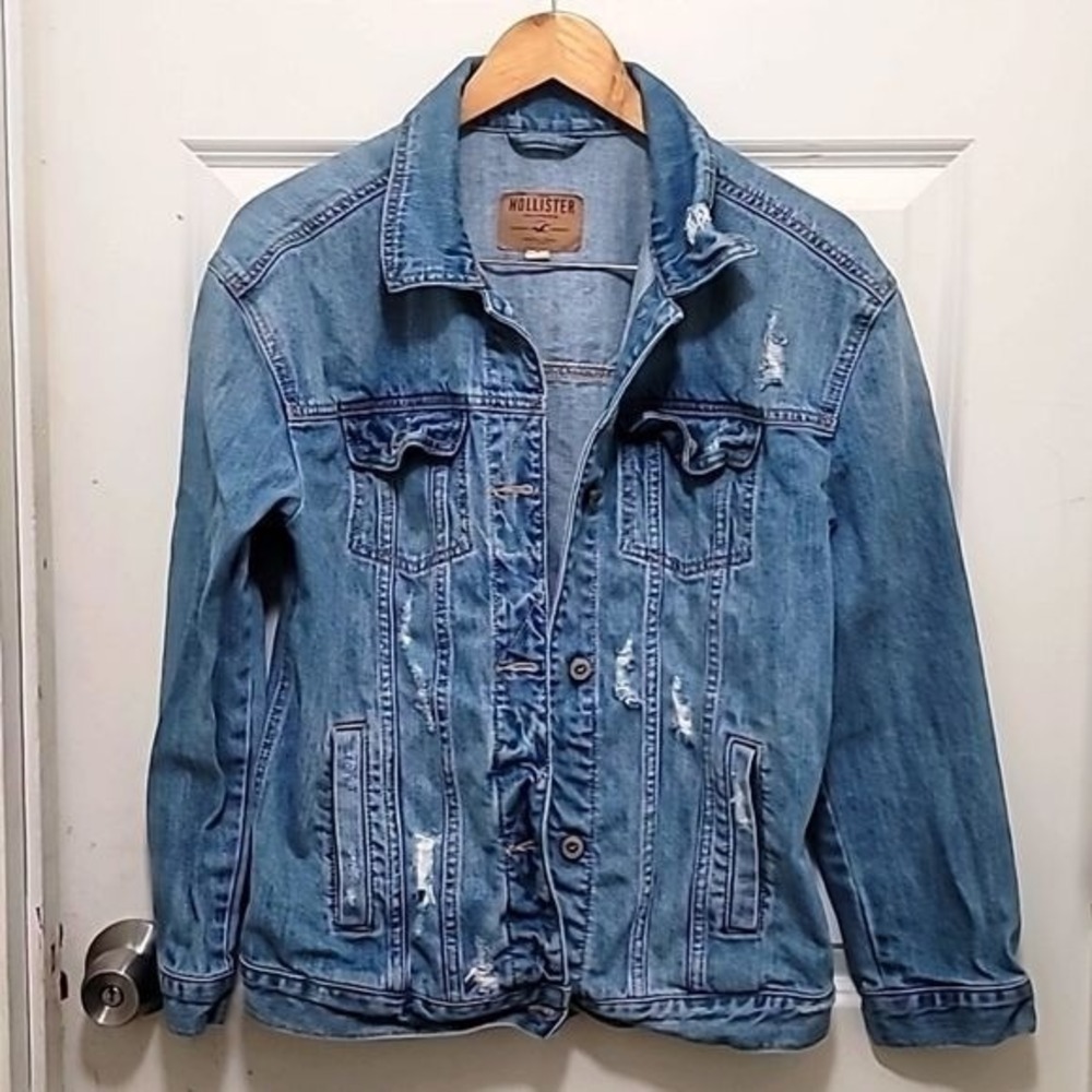 HOLLISTER WOMEN'S JEAN JACKET DISTTRESSED SIZE S TRUCKER 100% COTTON